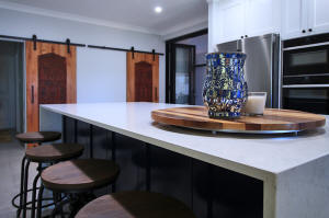 Two colours, navy and white for kitchen cabinets